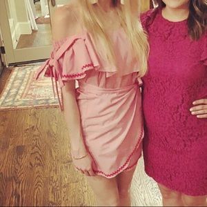 MISA red stripe ruffle off shoulder bow dress